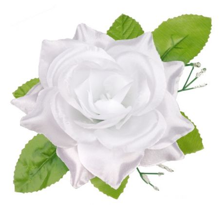 Umelá ruža saténová s lístkom biela