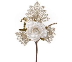 Vetvička s ružou bielo - zlatá 26 cm