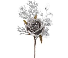 Vetvička s ružou sivo - strieborná 26 cm
