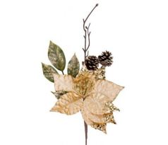 Vetvička MagicHome Vianoce s kvetom poinsettia zlatá 34 cm