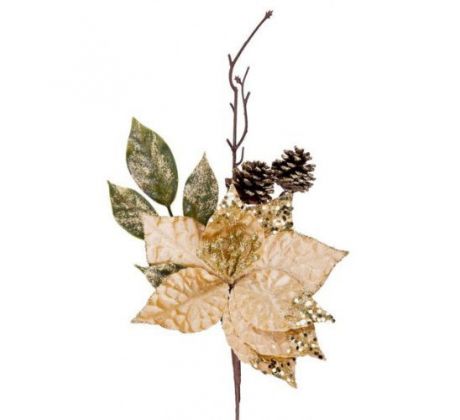 Vetvička MagicHome Vianoce s kvetom poinsettia zlatá 34 cm