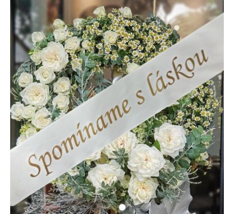 Stuha smútočná SPOMÍNAME S LÁSKOU krémová so zlatým písmom 5 cm / 170 cm