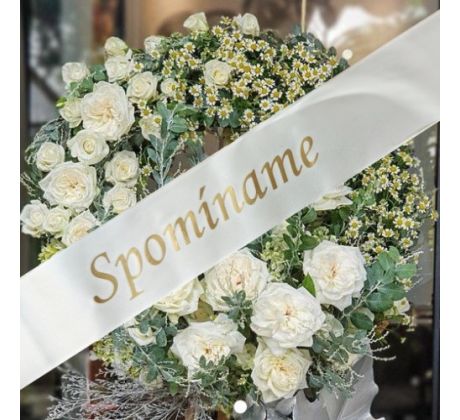Stuha smútočná SPOMÍNAME krémová so zlatým písmom 5 cm / 150 cm