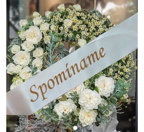 Stuha smútočná SPOMÍNAME strieborná so zlatým písmom 5 cm / 150 cm