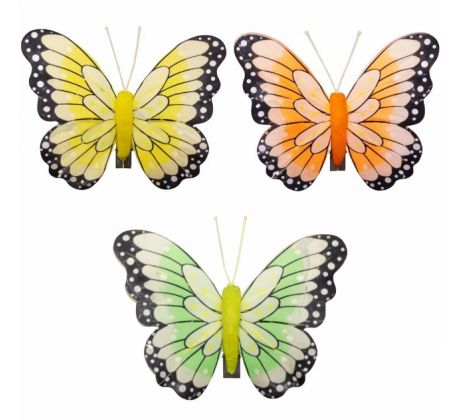 Motýlik žltý, oranžový, zelený so štipcom mix 5 x 5 cm / 3 ks