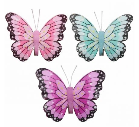 Motýlik ružový, fialový, modrý so štipcom mix 6,5 x 7 cm / 3 ks