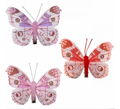 Motýlik ružový, fialový, červený so štipcom mix 6 x 7 cm / 3 ks