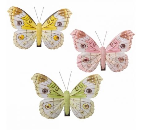 Motýlik žltý, zelený, ružový so štipcom mix 6 x 7 cm / 3 ks