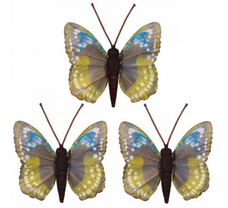 Motýlik hnedo-modro-zelený so štipcom 4,5 x 4,5 cm/ 3 ks