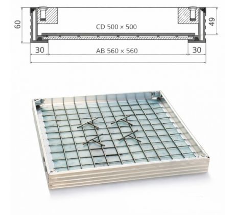 Poklop hliníkový pre zadláždenie H60 - 500x500 - nosnosť do 12,5 t