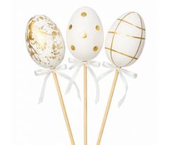 Vajíčka bielo zlaté s mašličkou zápich 26 cm / 3 ks
